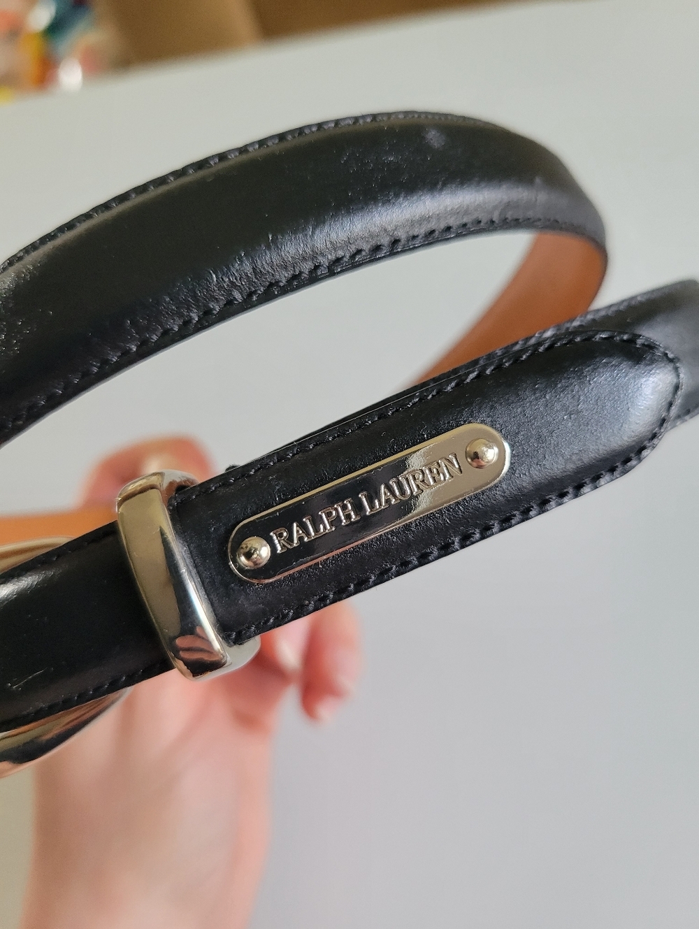 Ralph Lauren Genuine Smooth Leather Thin Belt Size M Silver Hardware Black - Picture 4 of 7